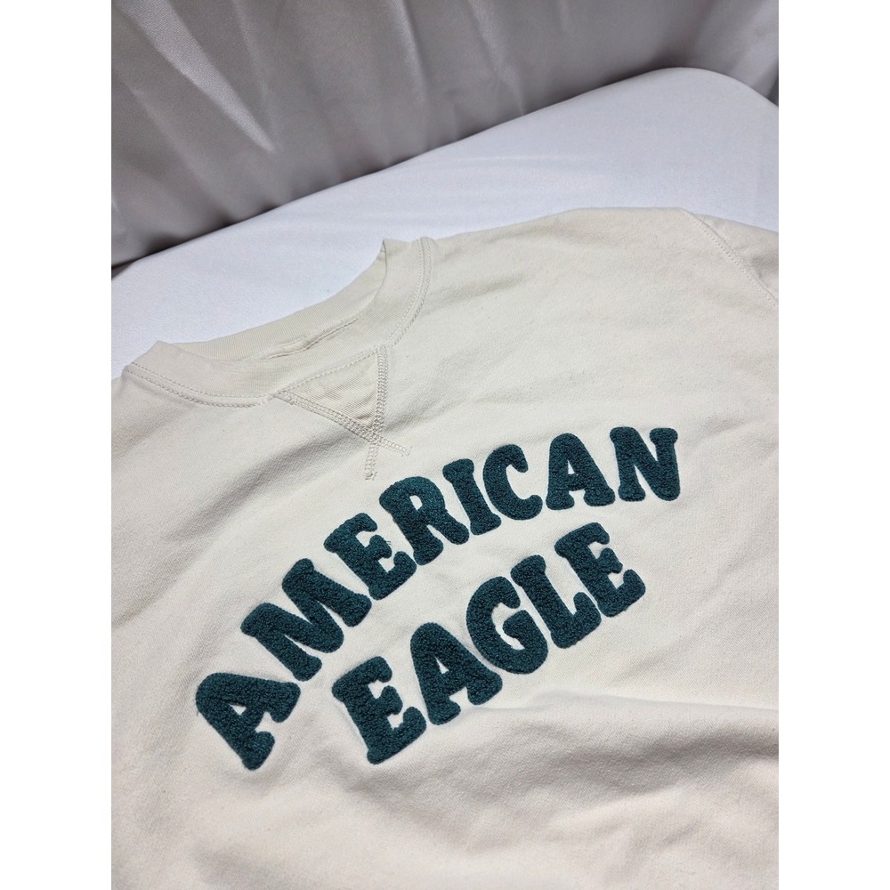 American Eagle Crewneck Sweatshirt Cream Green Chenille Logo Pullover XS‎